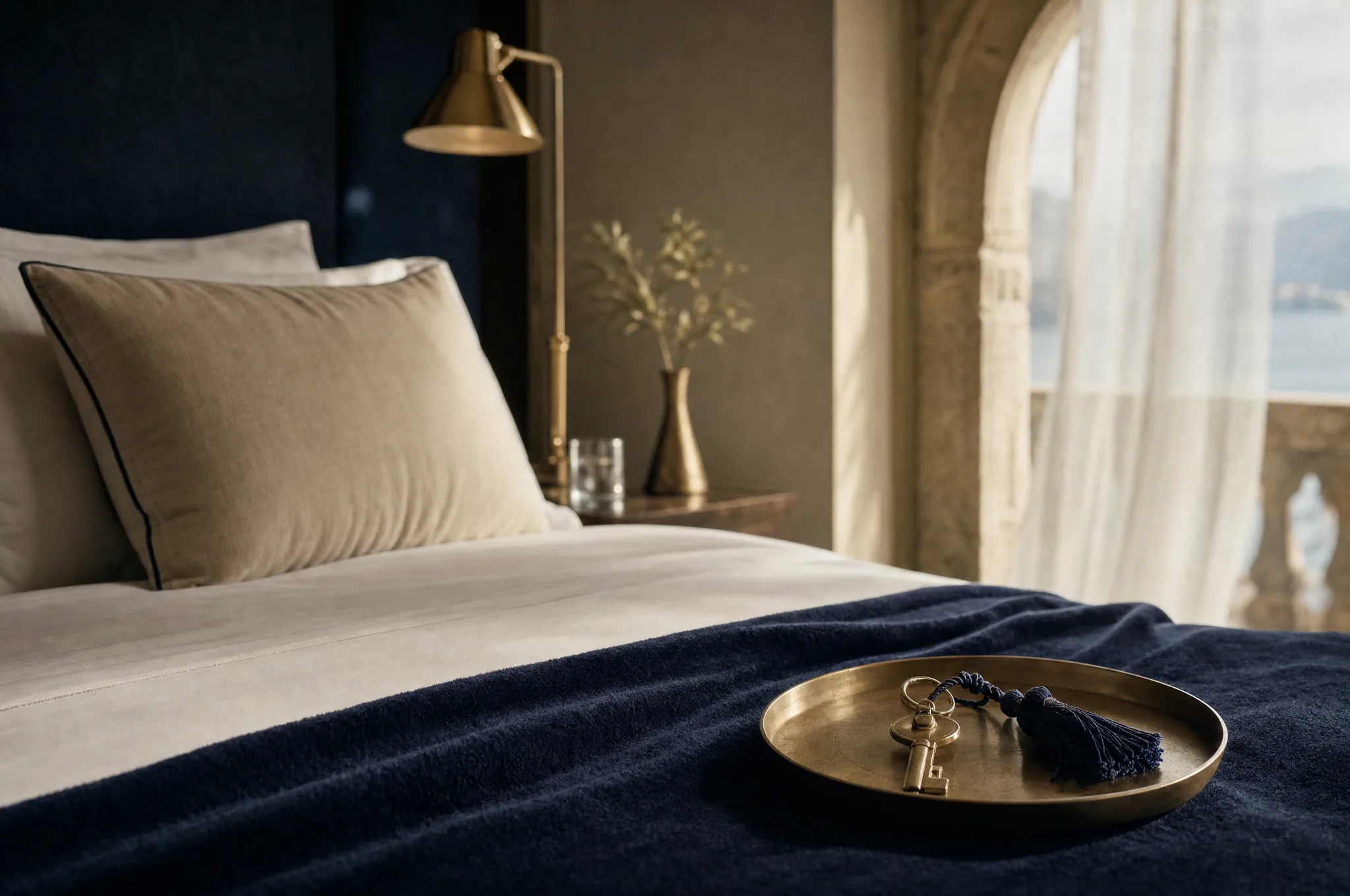 Butik otel odasında beyaz çarşaflı yatak, lacivert örtü, pirinç abajur ve kemerli pencere