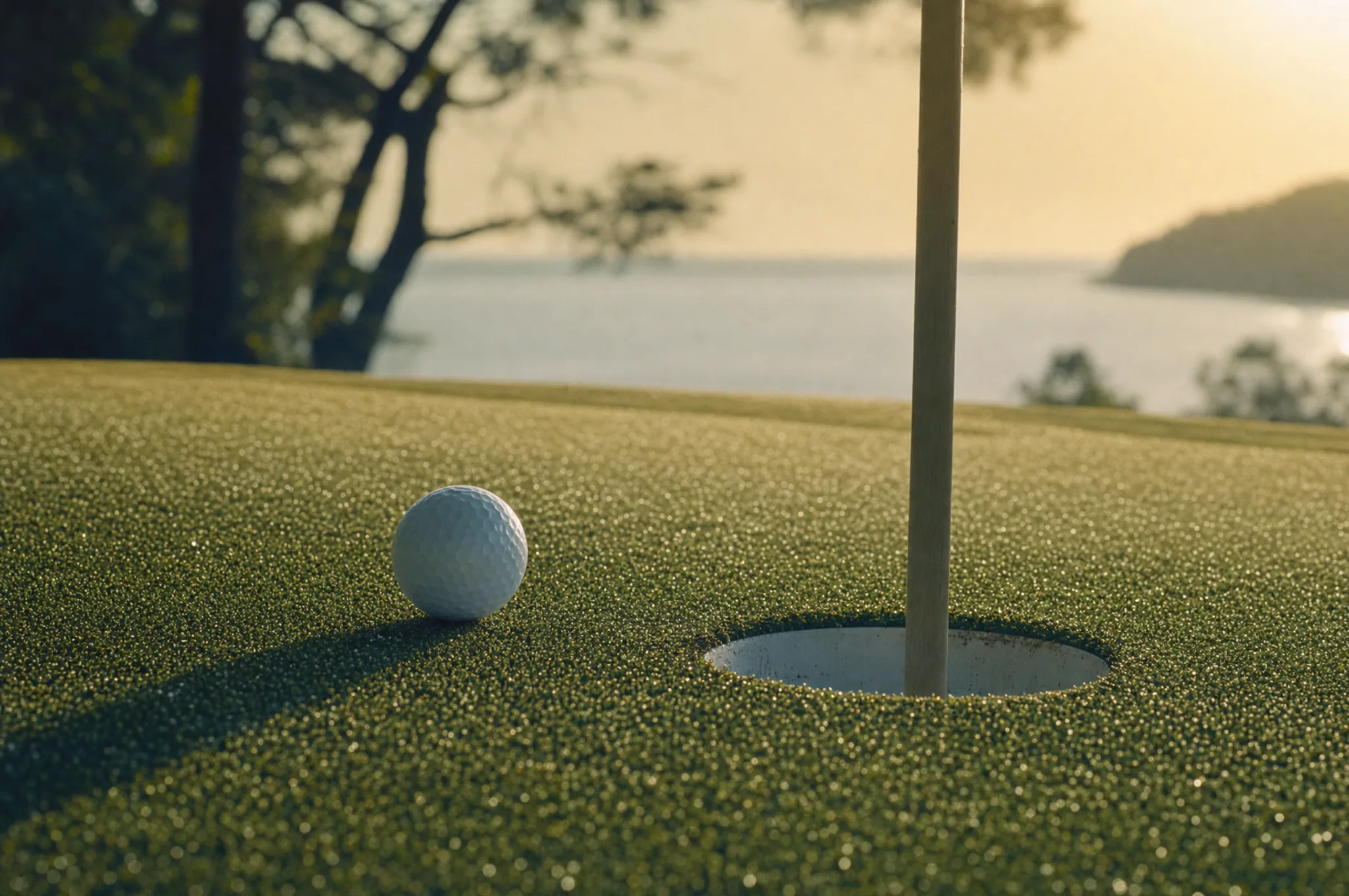 Sabah çiyinde bayrak deliği yanında putting green üzerinde duran beyaz golf topu