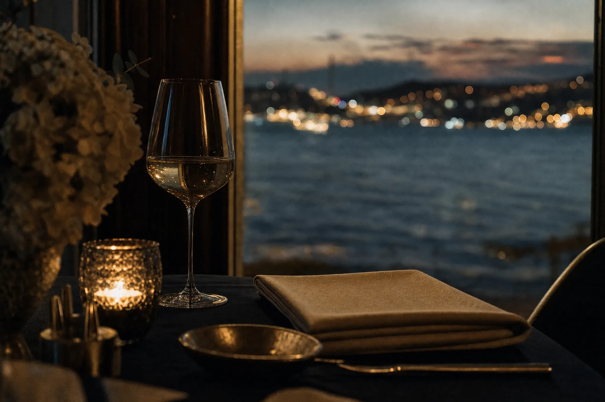 Akşam ışıkları bulanık görünen bir sahil manzarasına bakan pencere kenarında kurulmuş restoran masası, kadeh ve mum