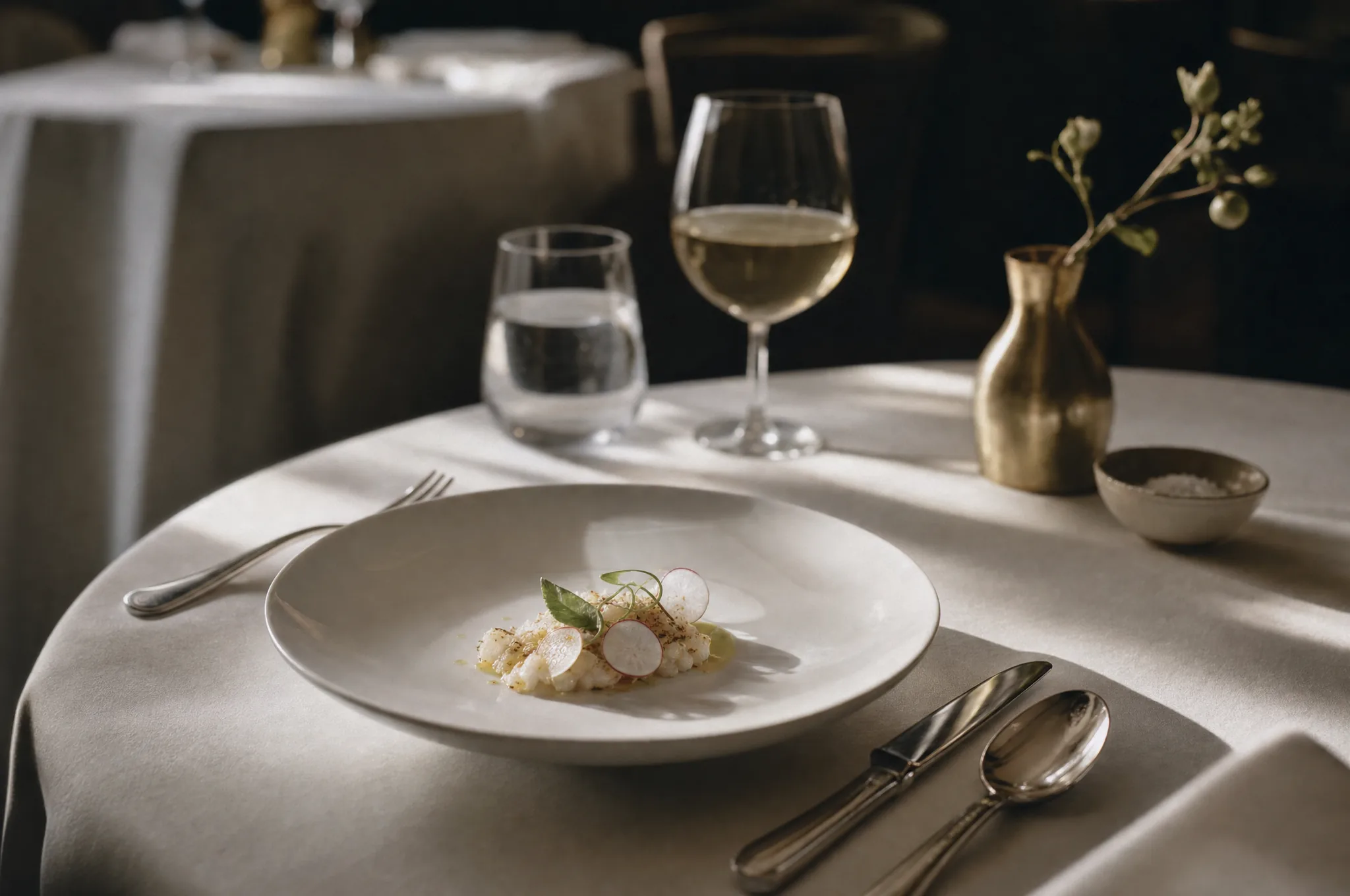 Beyaz porselen tabakta sade bir sunum, kolalı keten örtü ve gümüş çatal bıçakla hazırlanmış fine dining masası